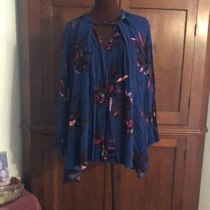 FREE PEOPLE Boho Flowy Manrola Blue Floral Long Sleeve Top Blouse Size S/P